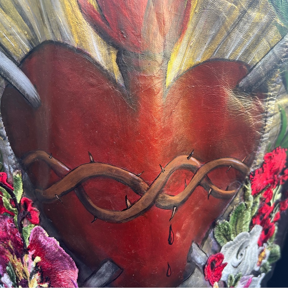 Iconic Sacred Heart Painted Leather Jacket L - Picture 8 of 16